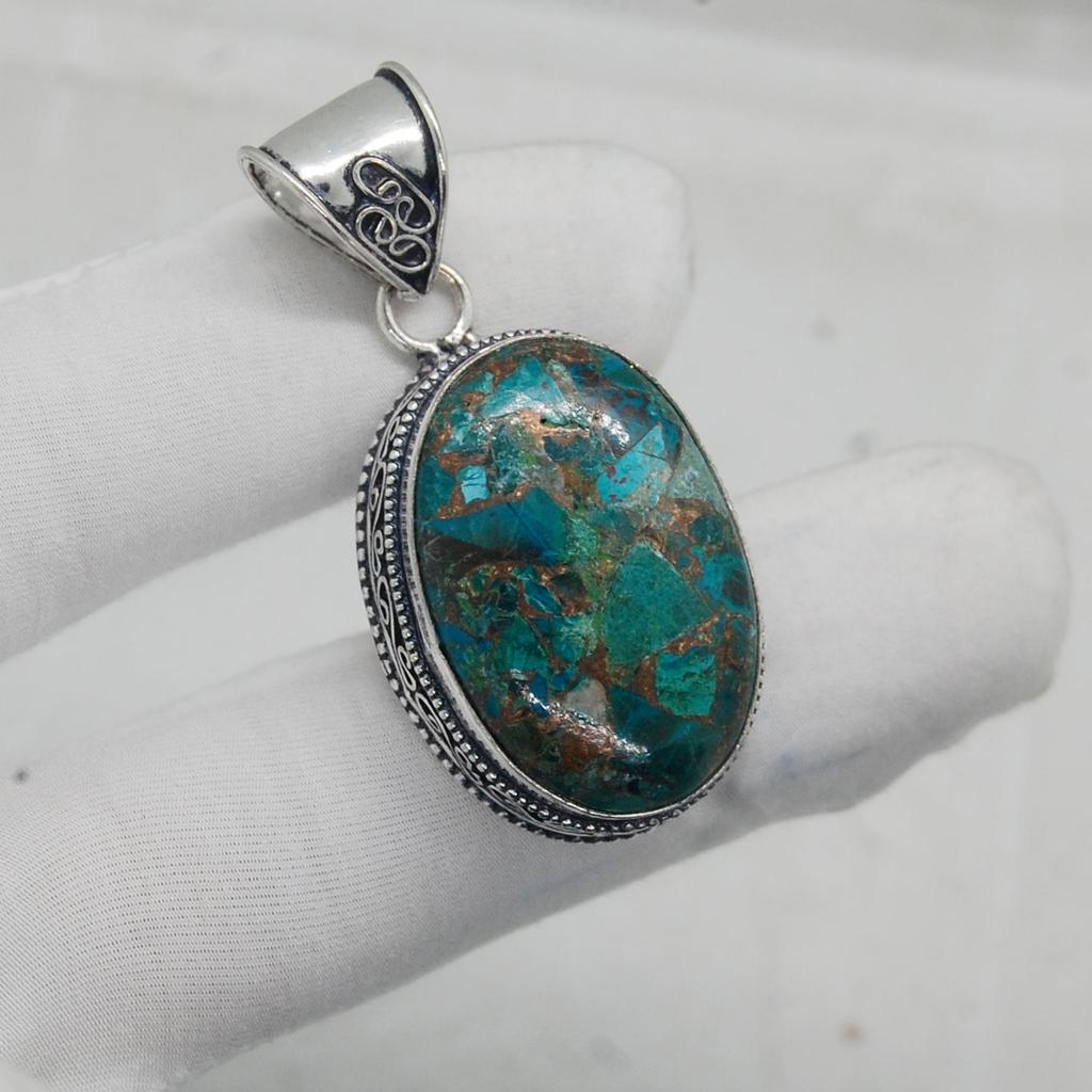 Oval Cab Green Copper Turquoise 925 Sterling Silver Pendant, Designer Turquoise Pendant