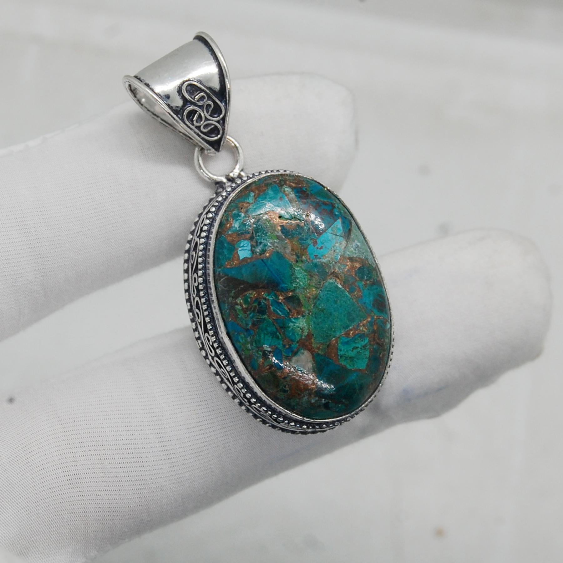 

Oval Cab Green Copper Turquoise 925 Sterling Silver Pendant, Designer Turquoise Pendant