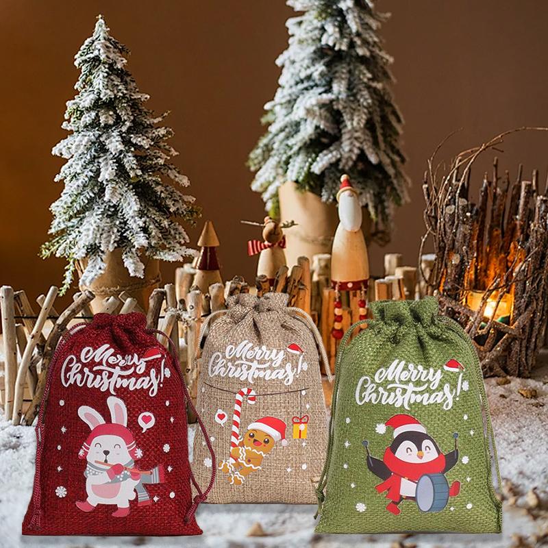12 STÜCKE/Set Weihnachtsgeschenktüten Geschenkverpackung Leinenstoffe Exquisite Partygeschenke Niedliches Weihnachten