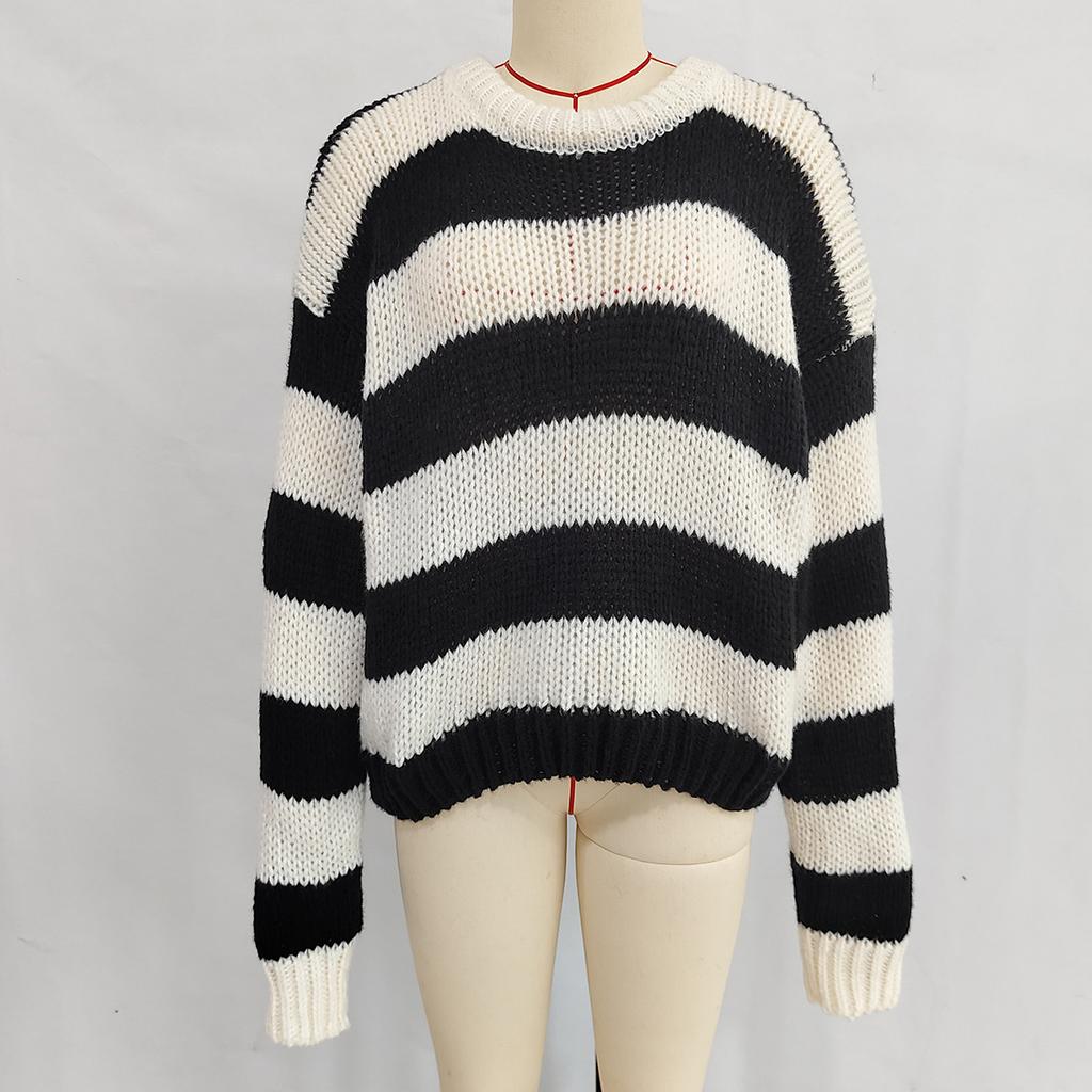 Autumn and Winter Fashion New Sweater Round Neck Contrasting Stripes Casual Retro Lazy Style Pullover 3565