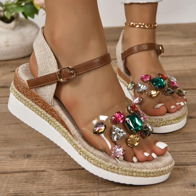 Spring and summer new open-toed large-size colored diamonds transparent one-word women's wedge heel sandals platform hemp rope sandals women