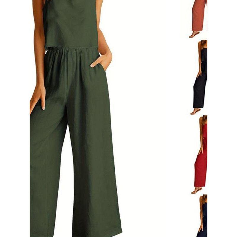 A Halter Top and Wide-Leg Pants Set Square Collar Cami Wide Leg Pants Two-piece Set
