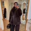 Womens Faux Fur Coat Winter Thick Warm Fox Trim Belted Streetwear Mid-Length Jacket Coffee Beige