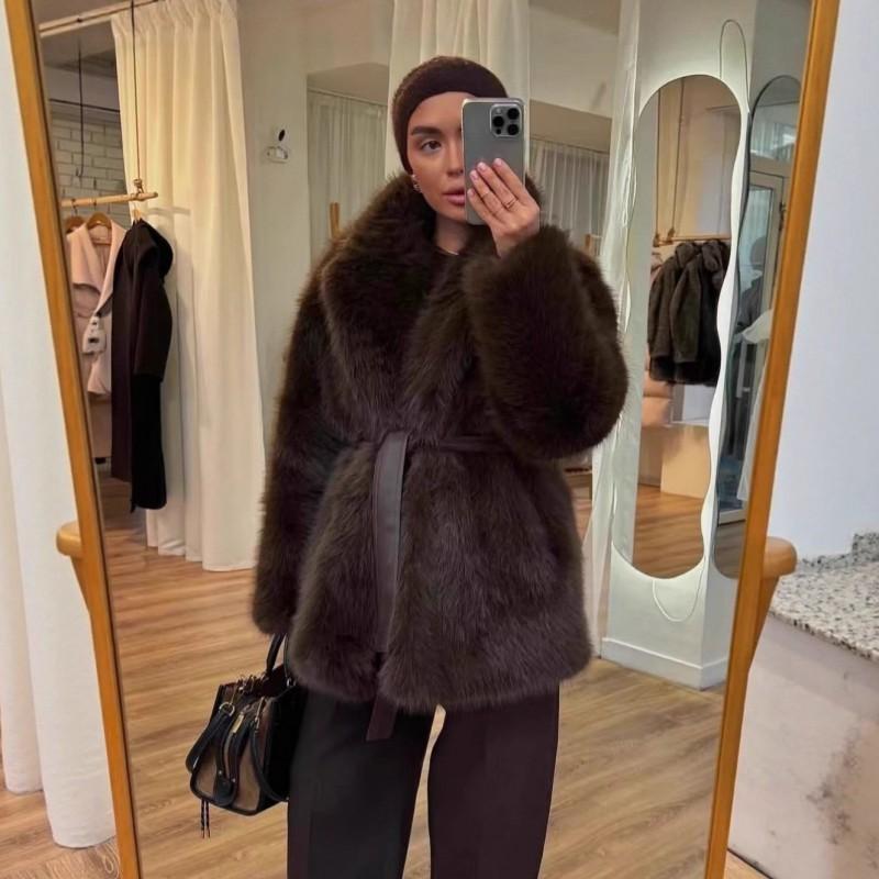 Womens Faux Fur Coat Winter Thick Warm Fox Trim Belted Streetwear Mid-Length Jacket Coffee Beige