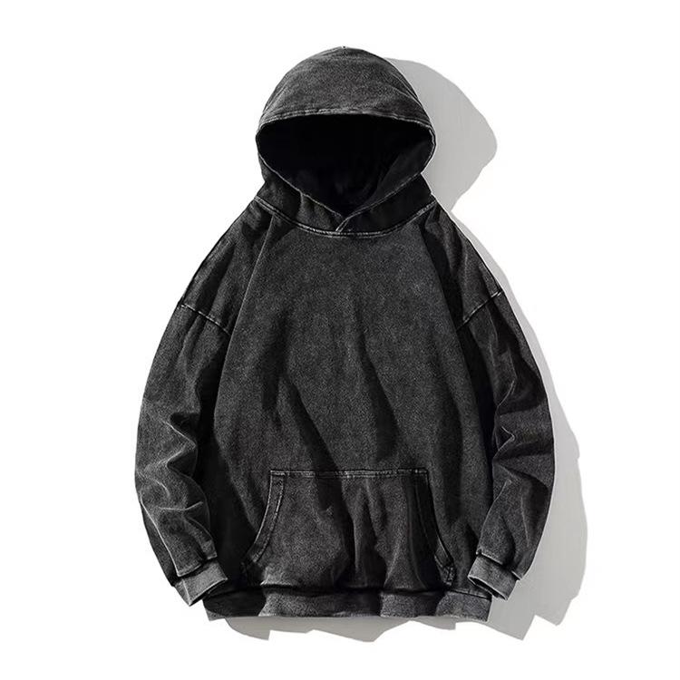Retro Washed Distressed Loose-Fit Hooded Sweatshirt, 260g Pure Cotton, Drop-Shoulder, Plain Design