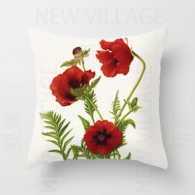 Nordic modern red flower linen pillowcase sofa cushion cover home decoration can be customized for you 40x40 50x50 60x60 45x45
