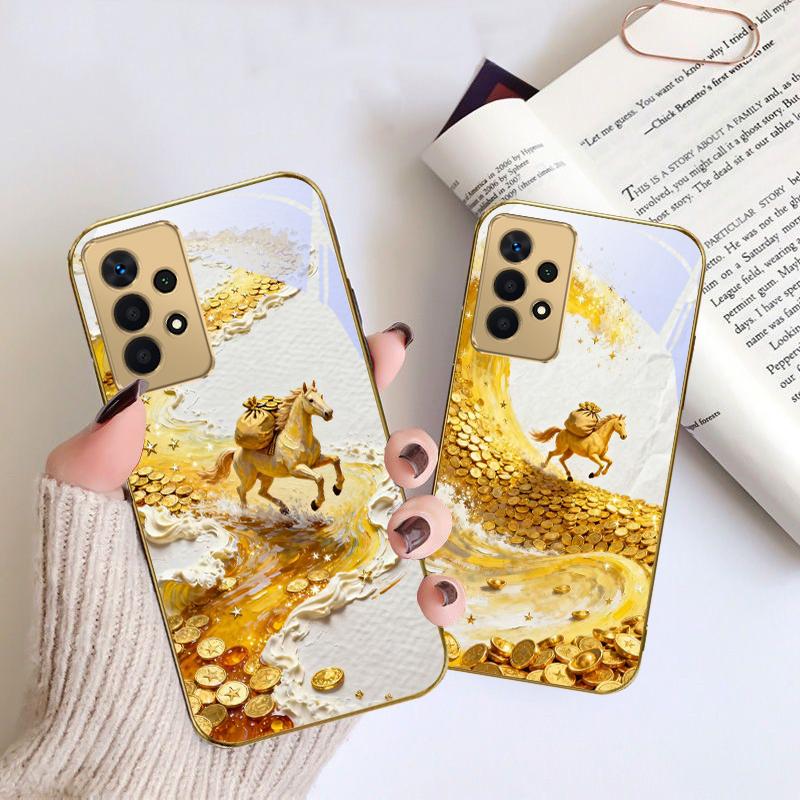 golden galloping horse For Samsung A 01 52S A04 A05S A10 A12 A13 22 23 24 36 42 M02 Note 10 20Ultra 8 9 Golden glass phone case