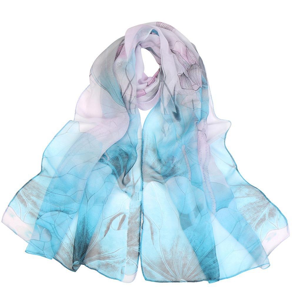 Lotus Geogette Medium-Long Silk Printed Scarf Summer Sunscreen Shawl Mom Gift Style Dance Versatile
