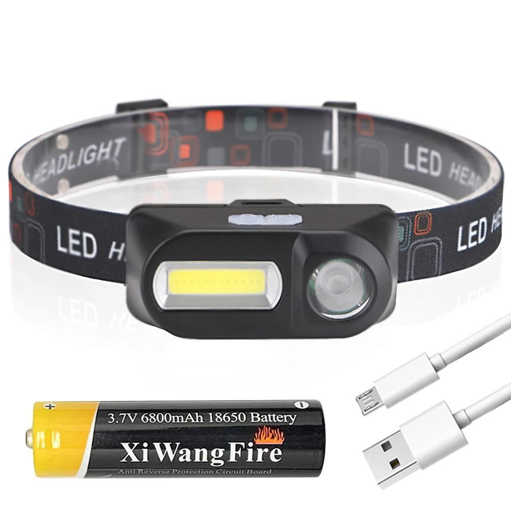 Portable Mini XPE+COB LED Headlamp USB Rechargeable Use 18650 Battery Head Lamp Camping Fishing Headlight Flashlight Torch