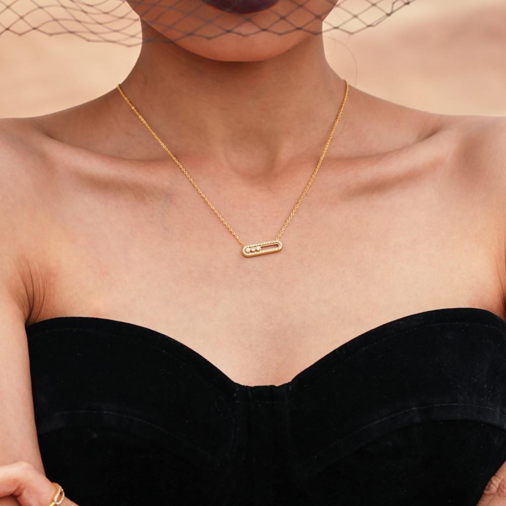 Chain Necklace Matching Ring In Stainless Steel 18k Gold Plated With Movable Zircon Pendant Necklaces Adjustable Rings For Women