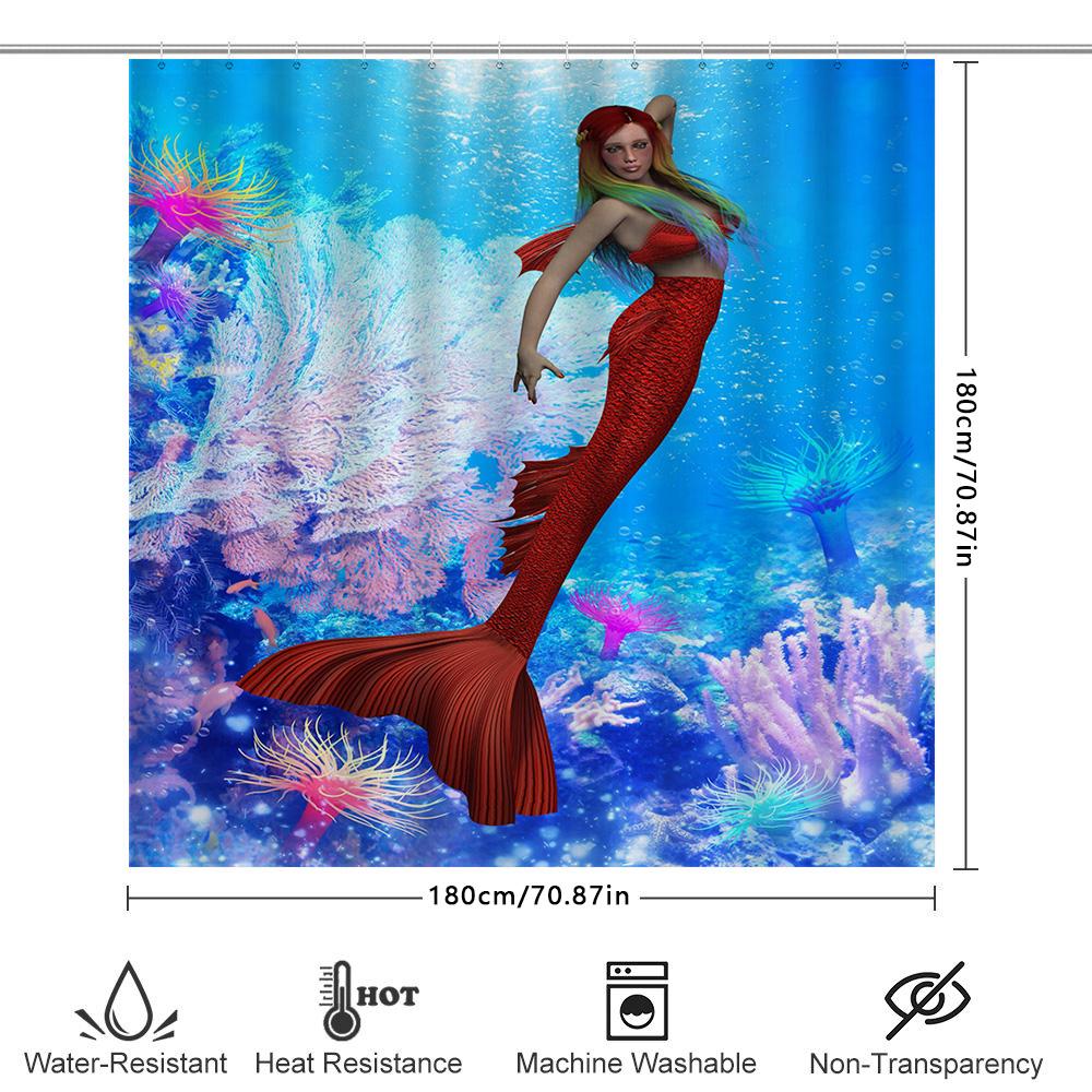 Mermaid Tail Shower Curtain Red Fish Scale Print Waterproof Fabric Home Decor Item For Bathroom Decoration