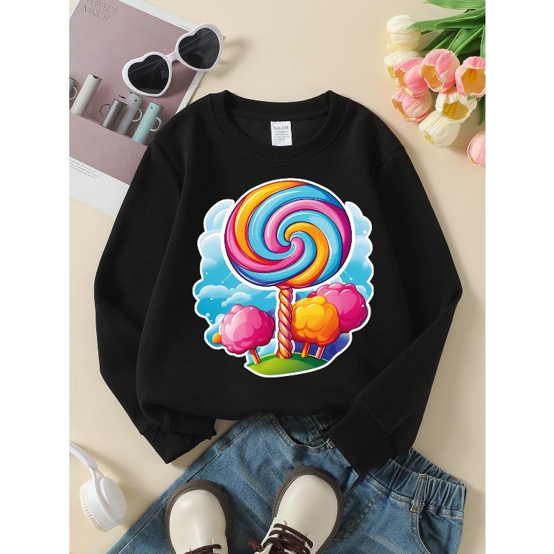 Kids Sweatshirt Youthful Crewneck Sweatshirt Featuring a Vibrant Candy Lollipop Tree Scene, Washable in a Machine