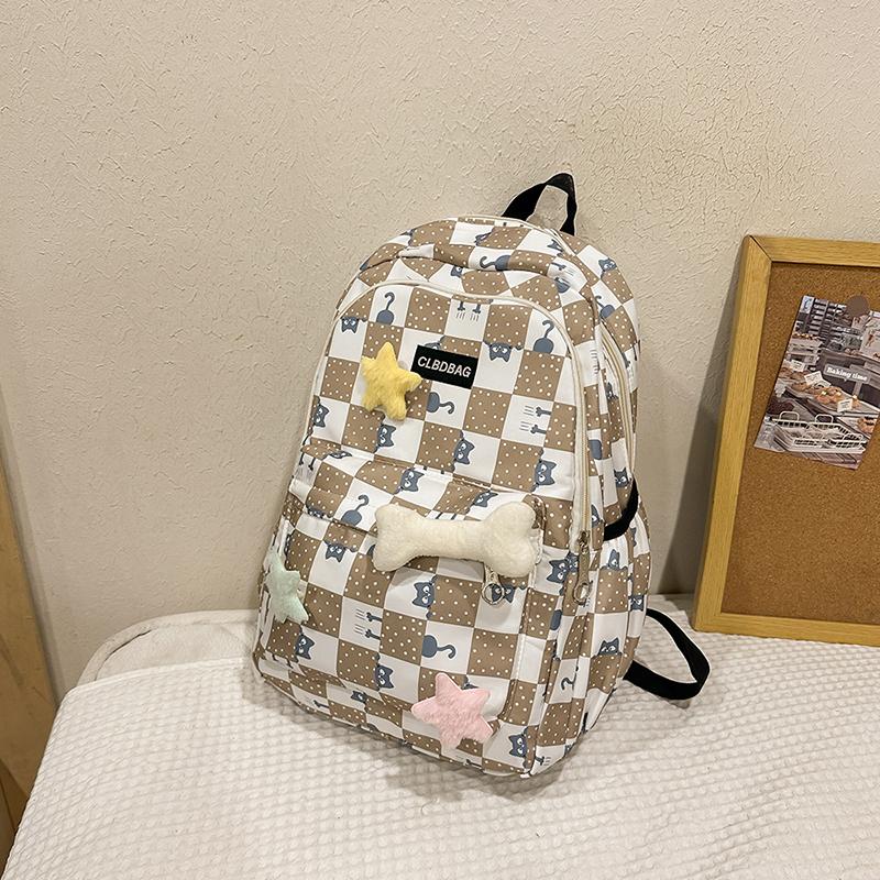 Plaid Cat Print Nylon Schoolbag Large Capacity Backpack High School Student Backpack
