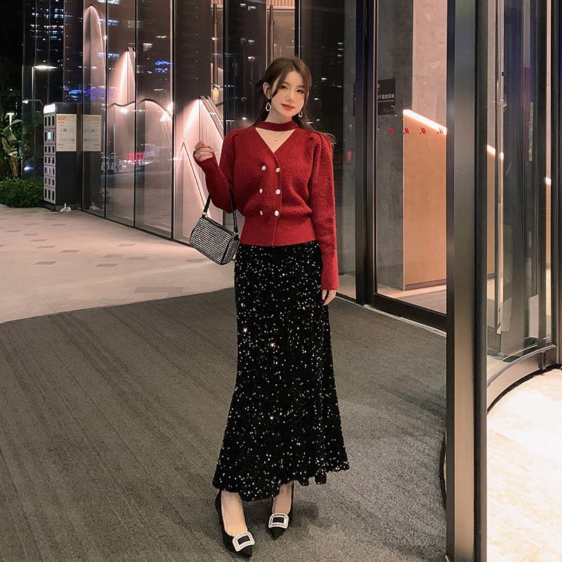 Island Song Fishtail Sequin Skirt Black A-line Midi Women's High-Waisted Autumn/Winter 2025