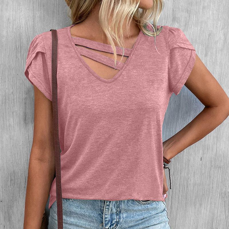 Dámské jednobarevné tričko s krátkým rukávem, výstřihem do V, vyhloubeným, top