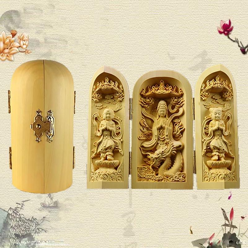 Dřevořezba Bůh bohatství Guanyin sochy a figurka Skládací přenosný Domov Místnost Kancelář Bohatství Štěstí Feng Shui Dekor