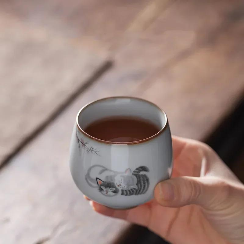 Large Ru Kiln Teacup Travel Personal Meditation Cup Handmade Ceramic Tea Bowl Pu'er Master Cup Household Tea Set Accessories