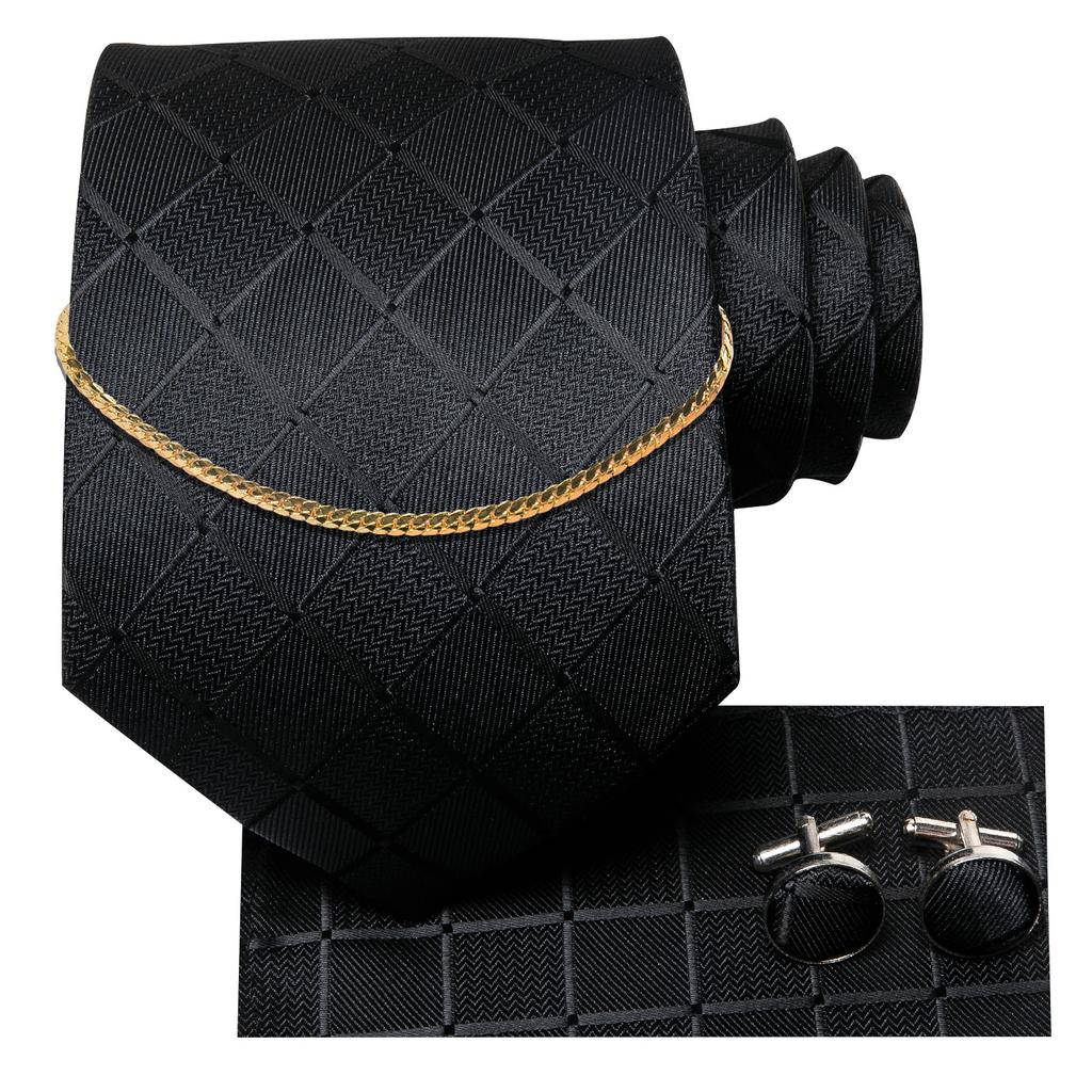 Hi-Tie Mens Black Plaids&Checks Tie Chain Silk Necktie Handkerchief Cufflinks for Business Wedding