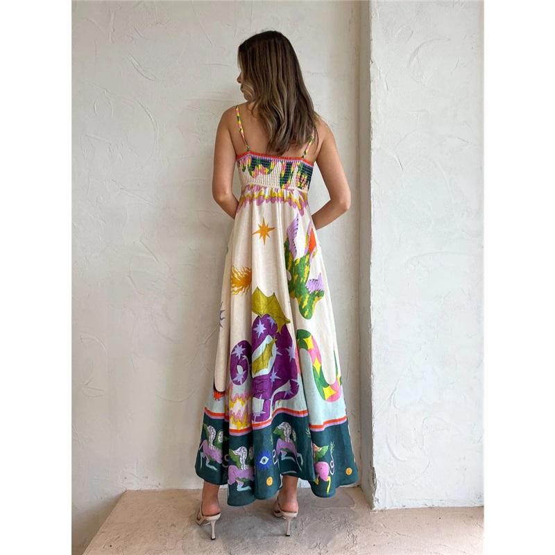 Women's Long Linen Printed Halter Dress 9 Colour Big Swing Dresses