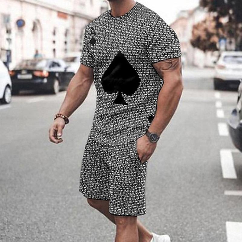 2025  New Men's Summer Leisure Sports Running Set Oversized Men's Refreshing Top Y2K Style Printed 3D Poker Pattern Fashion Set