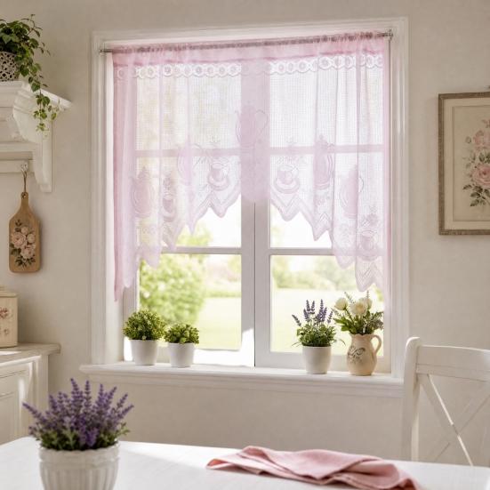 Perdea Semi-dantelată, Structură de Ridicare Reglabilă, Perdea Transparentă cu Broderie Florală, Plasa de Protecție Anti-praf, Perdea de Cafea