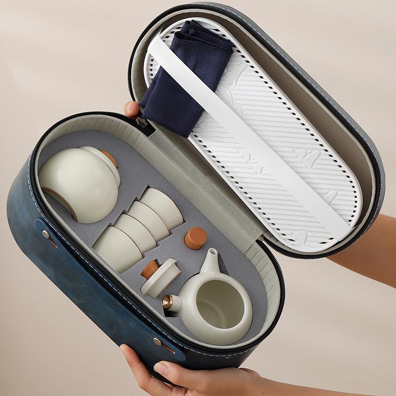 Chinese Travel Kung Fu Tea Set Small Set Household Simple Teapot Ceramic Teacup Outdoor Tea Tray Portable Bag