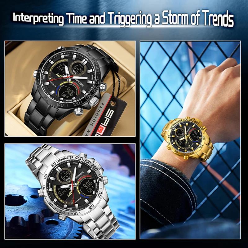 SANDA Dual Display Electronic Watch Men's Dual Movement 5ATM Waterproof Stainless Steel Three Ground Time Teenager Sports Watch