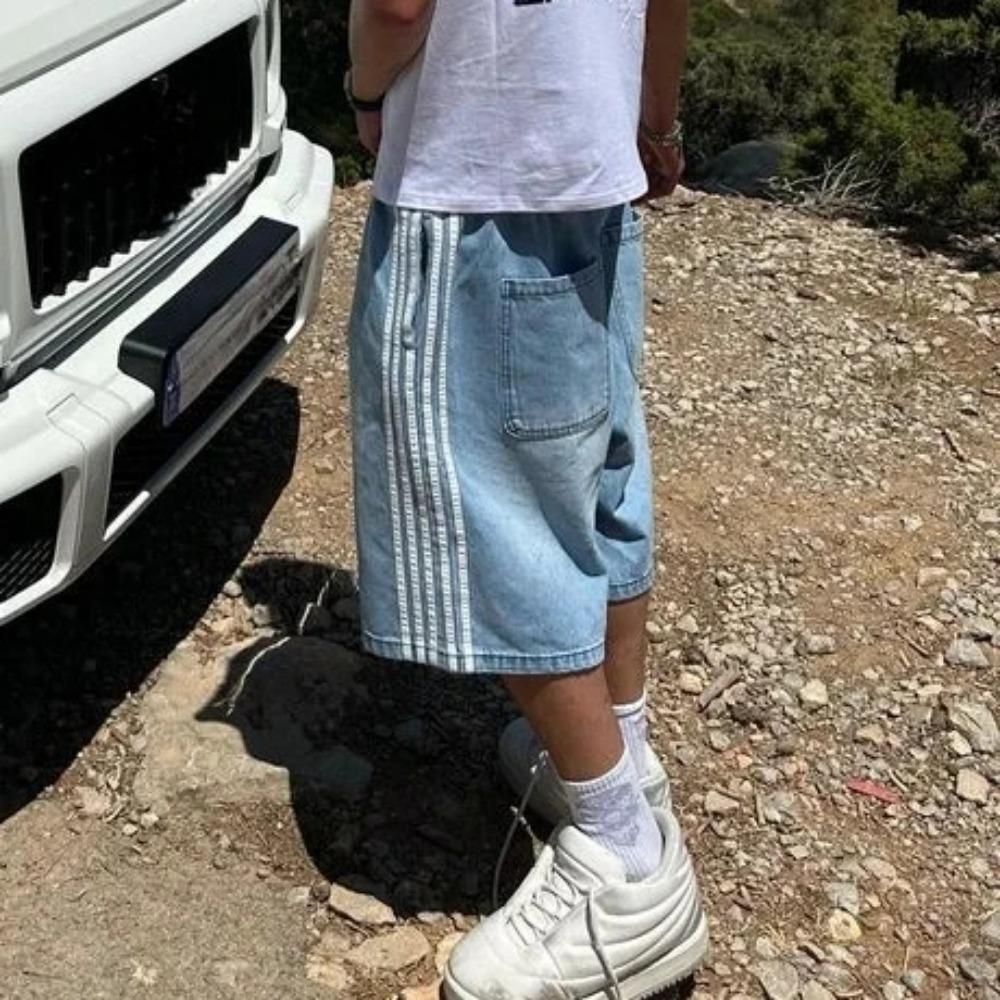 Summer New Casual Denim Shorts Y2K Side Striped Pattern Shorts Men Street Retro Harajuku Hip Hop Loose High Waist Sports Shorts
