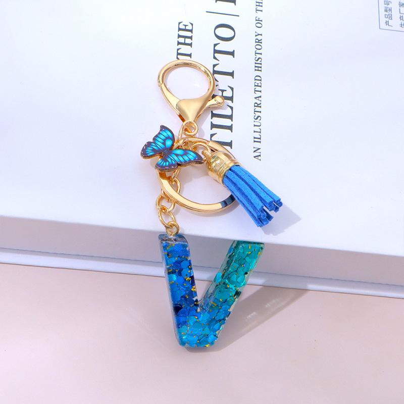 

1PC Lettering Keychain for Backpack Charm Key Holder Keyring With Tassel Butterfly Cute Gradient Resin Blue Sequin V синий
