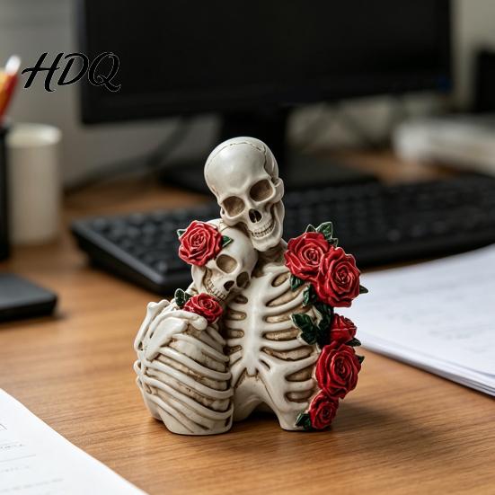 Skeleton Couple Ornament Halloween Resin Figurine, Vintage Gothic Skull Statue, Figurine Holiday Party Home Decoration for Shelf Table Mantel