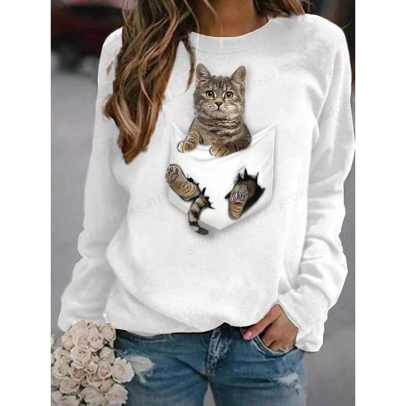 Cat Print Hoodie  Animal Sweatshirts Harajuku Autumn Winter Coats Pullovers Women's Clothing