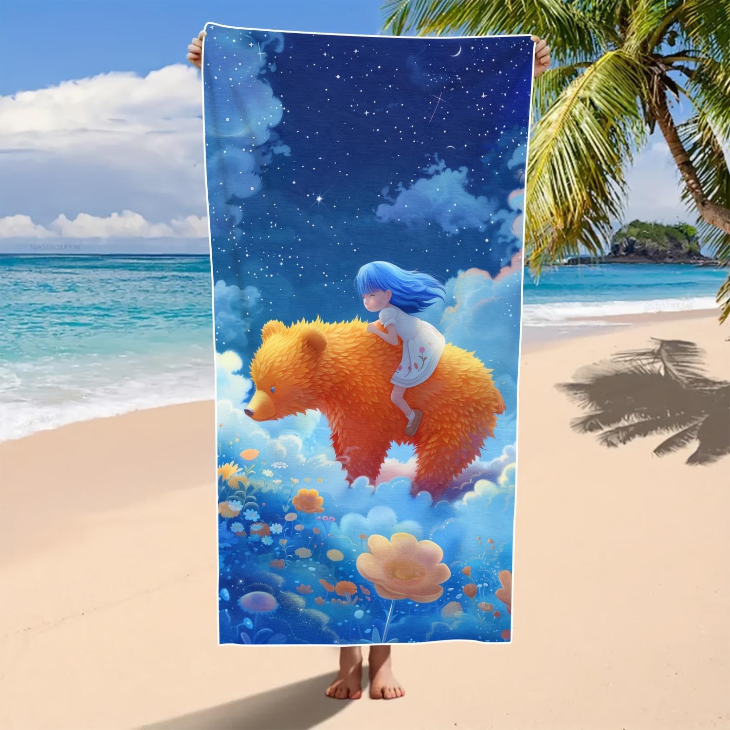 

Dreamy Starry Bear Ride Beach Towel Patterned Sunscreen And Windproof Suitable For Swimming Pool Camping Travel Blanket W30*H60(CM)