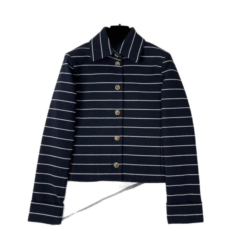 Womens 2026 Short Cropped Blazer With Silk Lining Navy Striped Wool Blend Notched Collar Single-Breasted Button Front