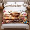 Highland Cow Theme Soft Blanket Personalized Custom Name Text Print Warm Blanket Home Sofa Bedroom Decor