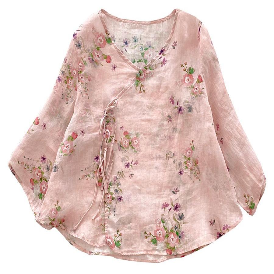 Summer Floral Blouse V Neck Retro Loose Fit Boho Chic Shirt Casual Women Top