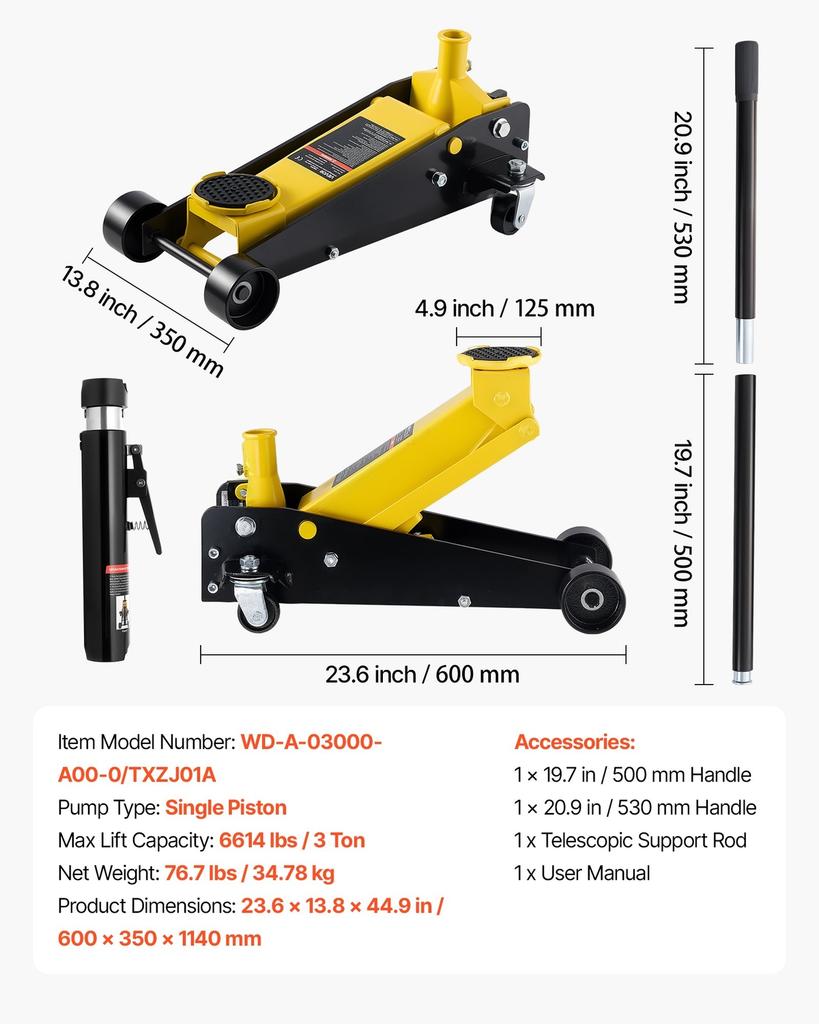 Low Profile Floor Jack, 3 Ton Capacity, Steel Racing Floor Jack with Single Piston Quick Lift Pump, Hydraulic Trolley Car Lift for Sports Cars,