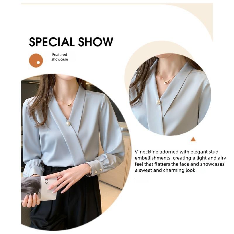 New Spring and Autumn Elegant Pearl Decorated Silk Satin High-End V-Neck Chiffon Blouse for Women