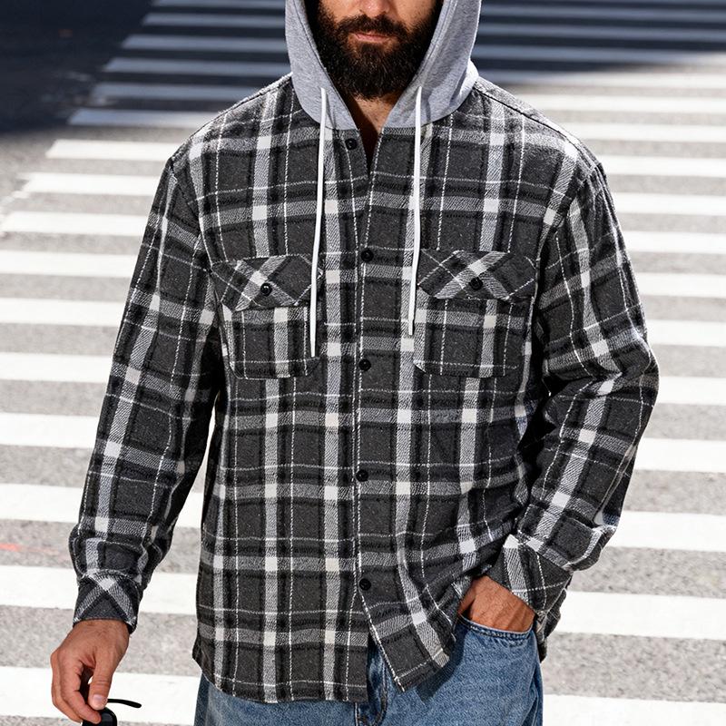 TikTok Men's Plaid Hooded Shirt Jacket - Casual Hip Hop Style for Spring & Autumn