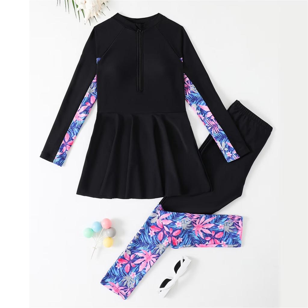 Kinder Langarm Zweiteiliges Badeanzug Set Reißverschluss Vorne Rash Guard Badehosen Strandkleidung für Jungen und Mädchen Sonnenschutz