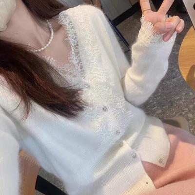 Pull tricoté uni en velours arctique avec décolleté en V en dentelle, cardigan pour femme, automne et hiver, pull à manches longues, court, style doux