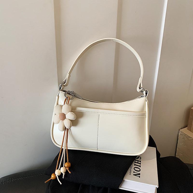 Exquisite Pink One Shoulder Bag Spring Summer Women's Floral Pendant Underarm Handbags Texture Soft PU Crossbody Bag