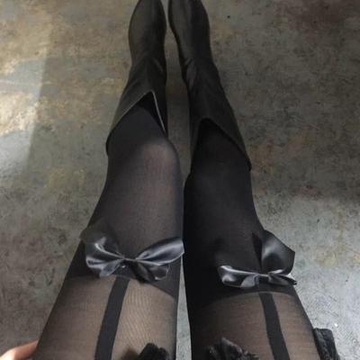Medias de seda negra con lazo y liga hasta el muslo: pantimedias de una pieza para primavera y otoño