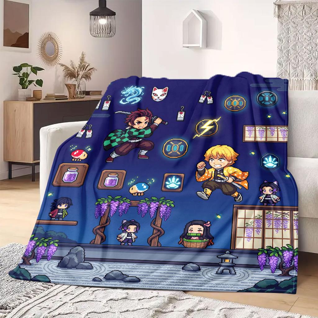 Demon Slayer Deluxe 2D Cartoon Flannel Blanket, Printed Art for Sofa, Soft Bedding for Travel Picnic Rug_LIAN