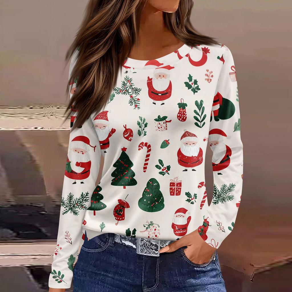 Women's Fashion Casual Slit Hem Round Neck Long Sleeve Loose Christmas Printed T-Shirt Ladies Top