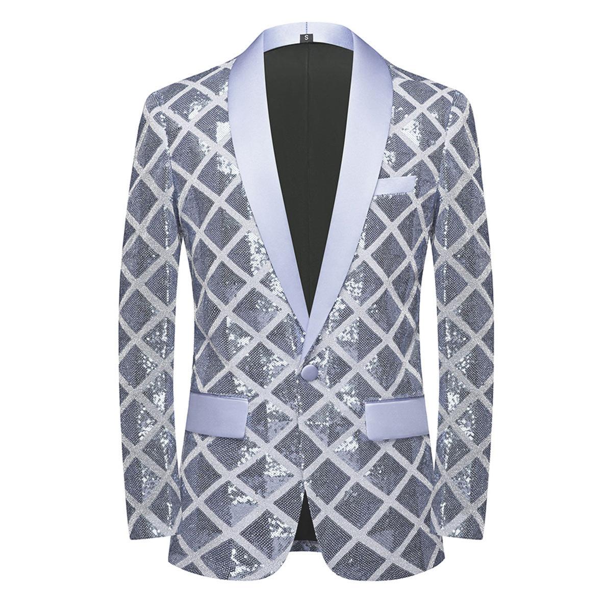 

Мужской квадратный пиджак с пайетками, блестящий блейзер L серебряный