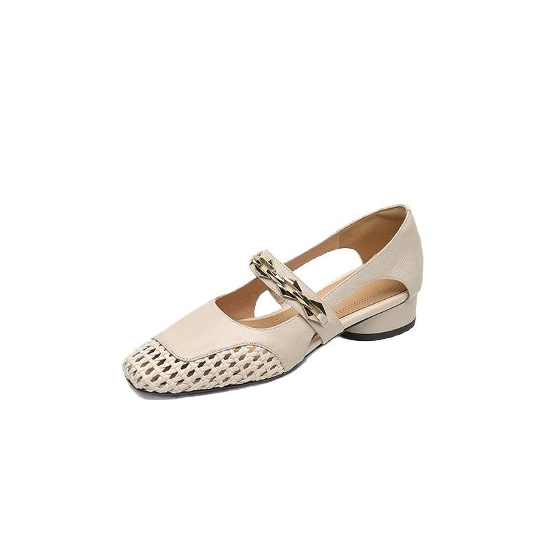 Cowhide woven mesh hole shoes 2025 spring and autumn models square head thick heel one-button metal hollow fashion sandals