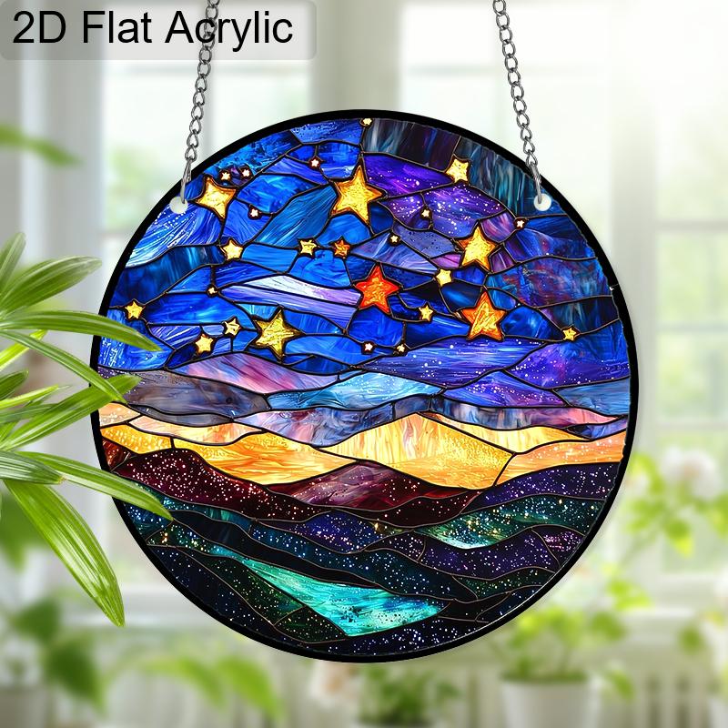 Acrylic Starry Night Sky and Mountains Suncatcher, Stained Glass Style Window Hanging Ornament for Celestial and Landscape Lovers