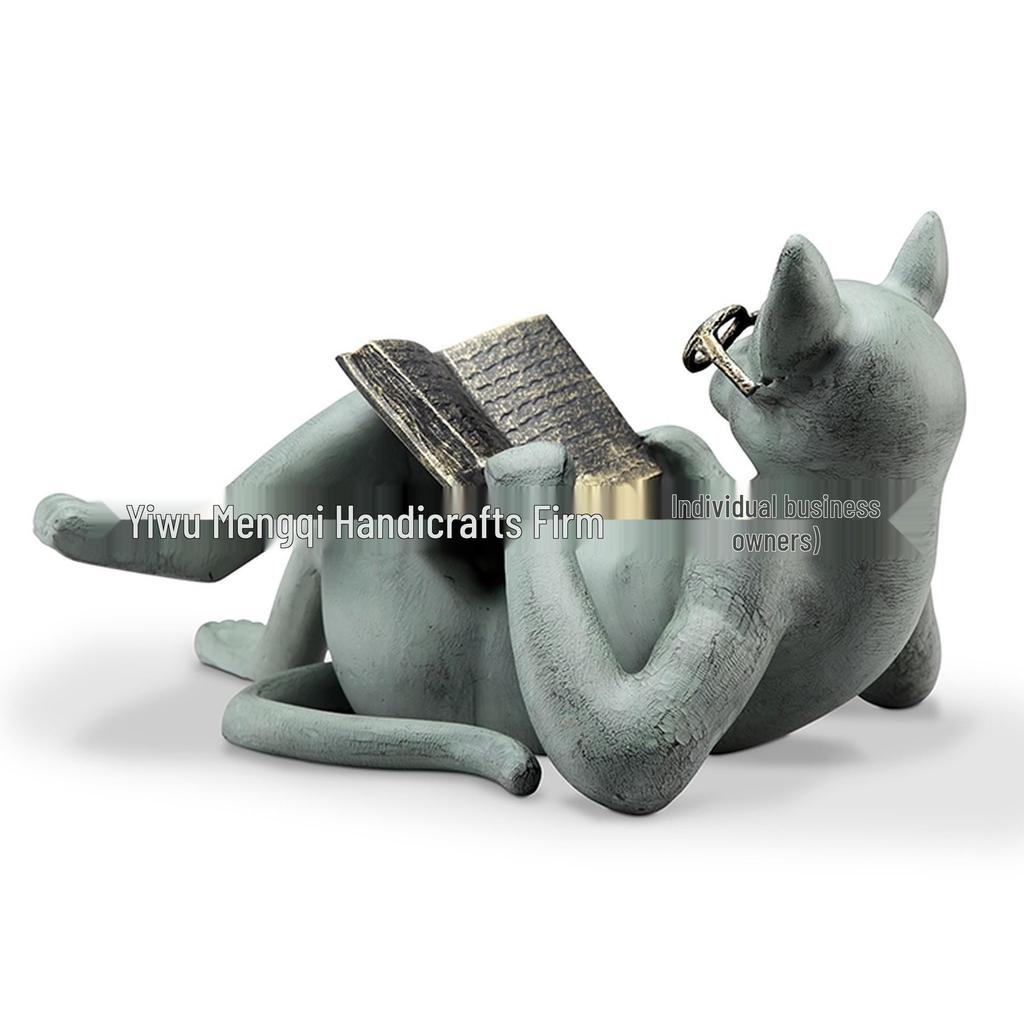 Resin Cat Sculpture: Glasses-Wearing Literary Cat Reading Book – Outdoor Garden Ornament