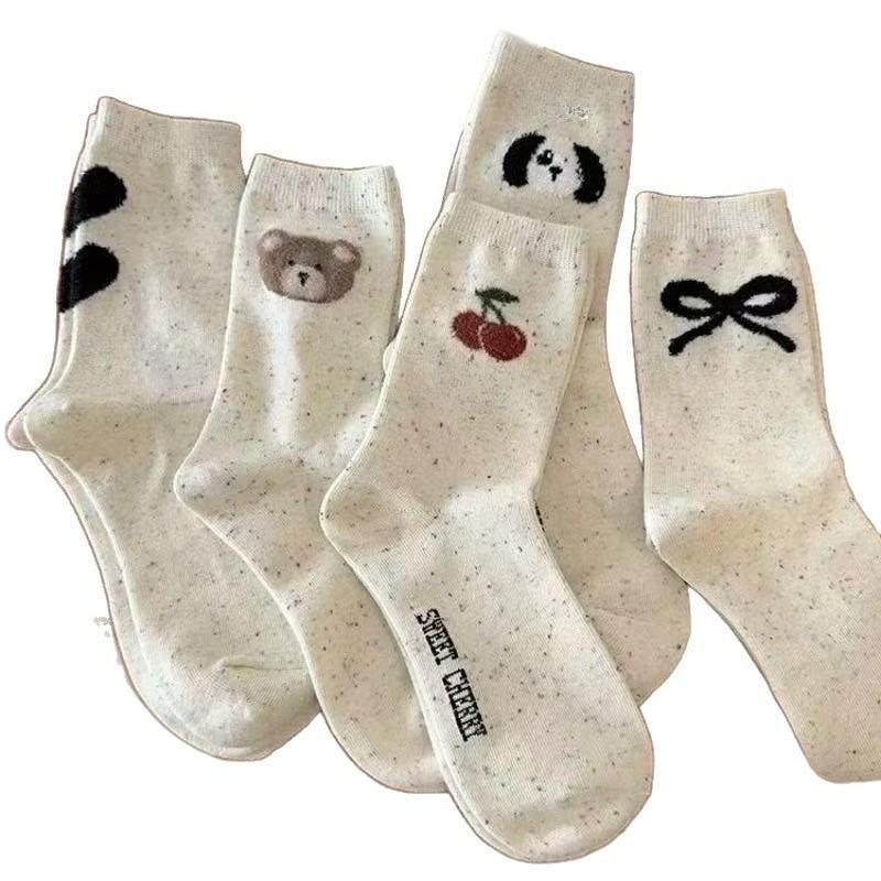 5 Paar Niedliche Socken Damen Schleife Beflockung Punkt Garn Mittelwaden Socken Cartoon Herz Bär Socken