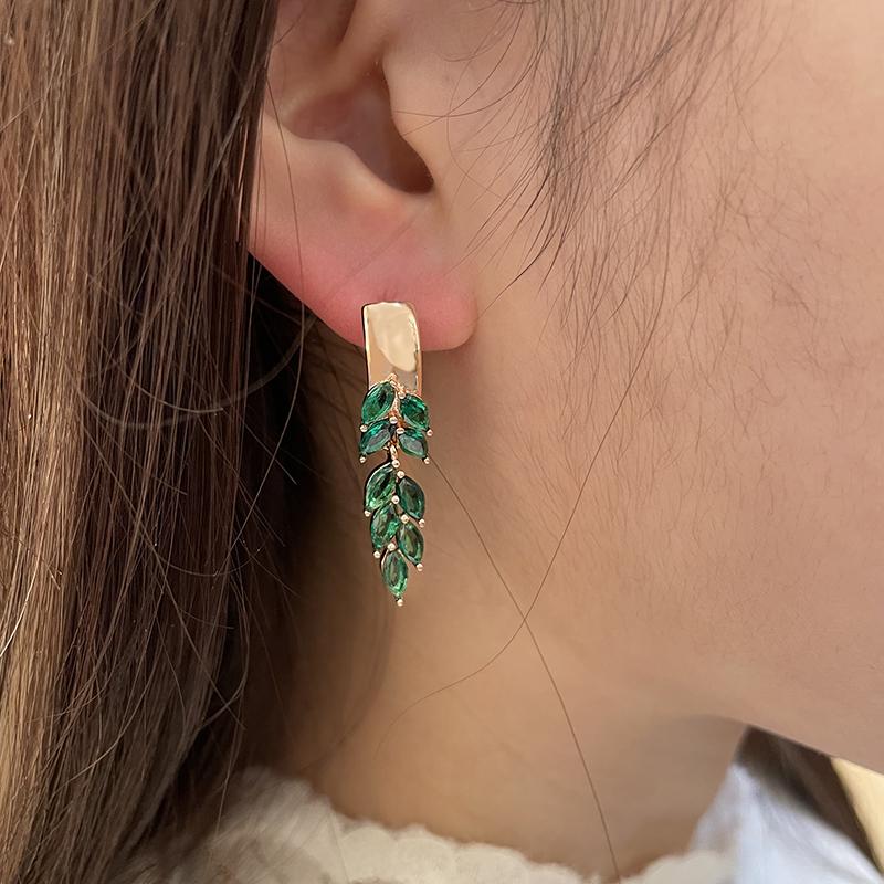 Green Leaf Zircon Dangle Earrings For Women Rose Gold Color Luxury Jewelry Gift Bride Wedding Earrings